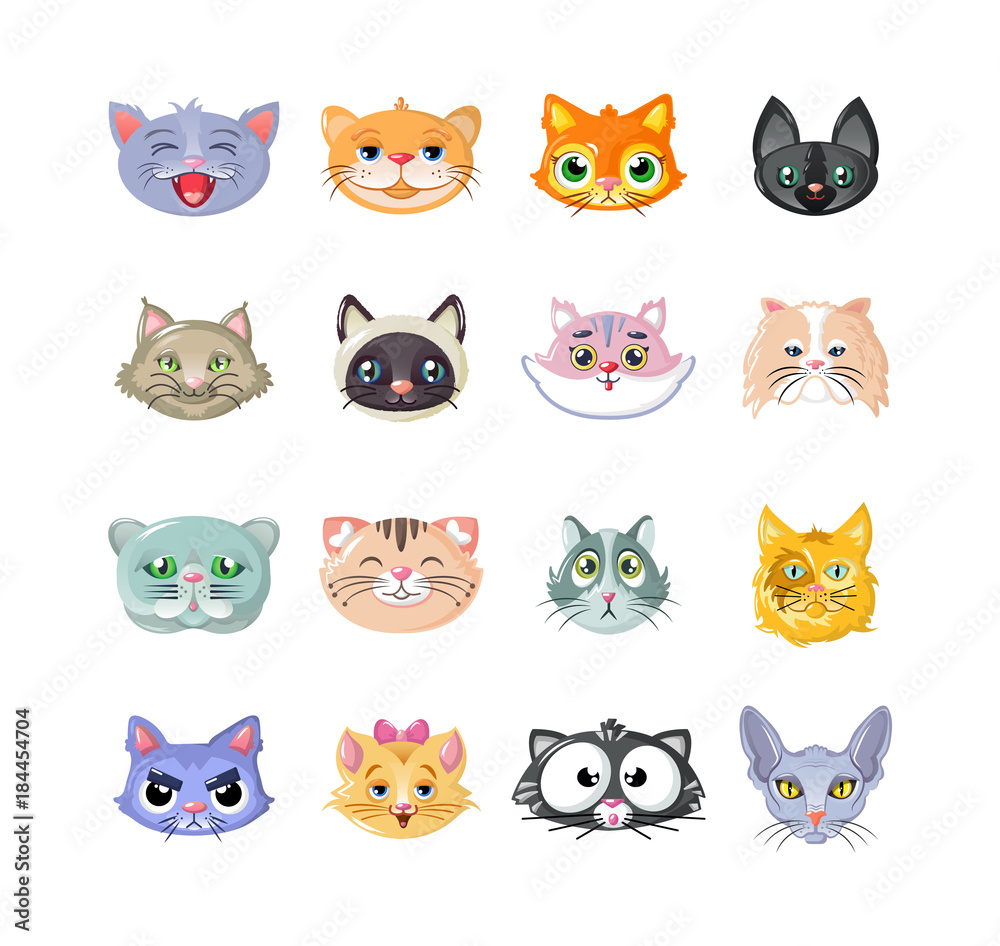 Set of stickers, icons, characters, funny cats, head, cute face.