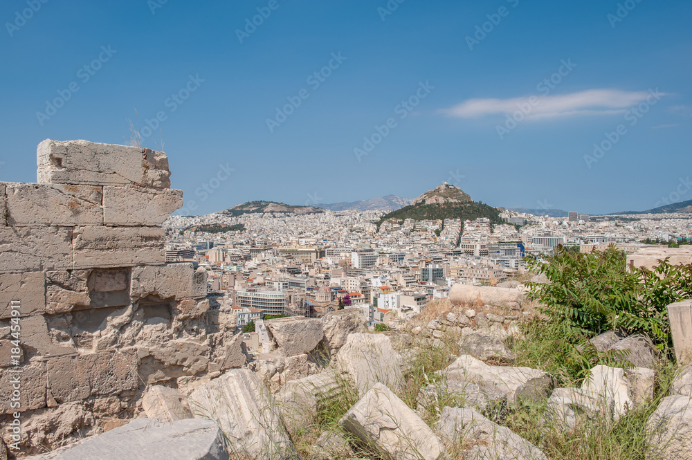 Aerial view of Athens and Mount Lycabettus from Acropolis. Lycabettus is the highest hill in Athens measuring 277 meters above sea level.