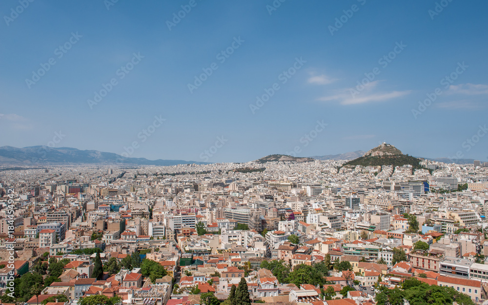 Aerial view of Athens and Mount Lycabettus from Acropolis. Lycabettus is the highest hill in Athens measuring 277 meters above sea level.