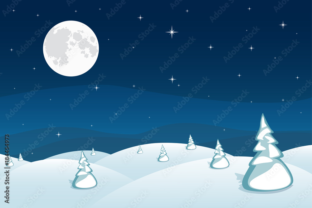 Fototapeta premium Winter landscape background. Dark blue mountains snowy hills and pines on foreground. Wonderland night. Christmas and New Year wallpaper. Vector illustration