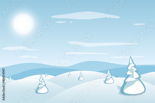 Winter landscape background. Blue mountains snowy hills and pines on foreground. Frosty sunny day. Christmas and New Year wallpaper. Vector illustration