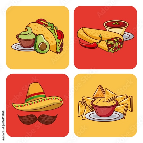 mexican food set icons menu ingredients spicy vector illustration