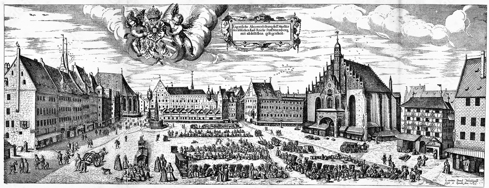 Nuremberg's main market in the 16th century (from Spamers Illustrierte Weltgeschichte, 1894, 5[1], 144/145)