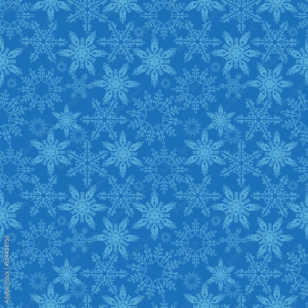 Snowflakes seamless pattern. New Years snow endless background, winter repeating texture. Christmas backdrop. Vector illustration