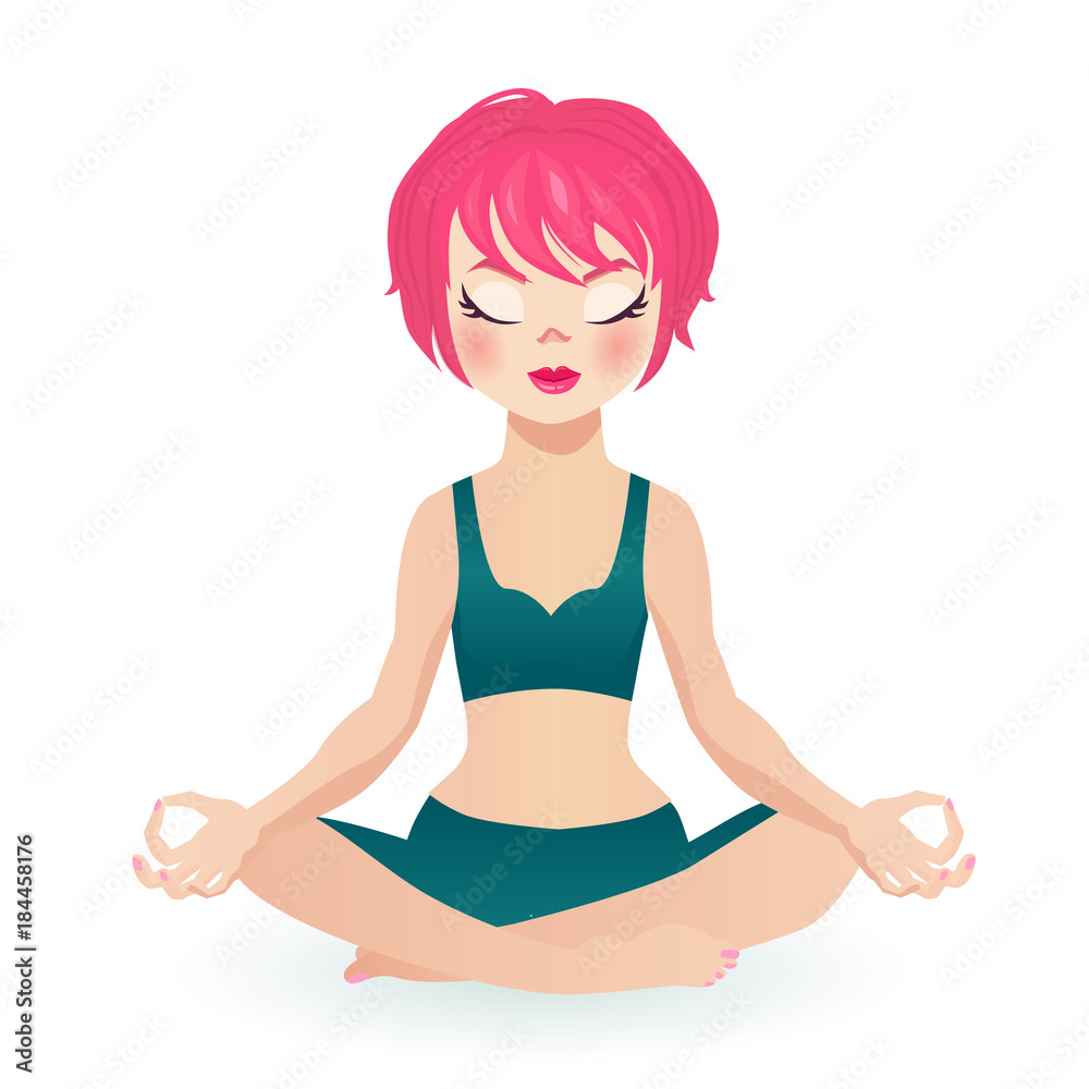 Pink hair fit girl sitting in the lotus pose in yoga clothing, closed eyes