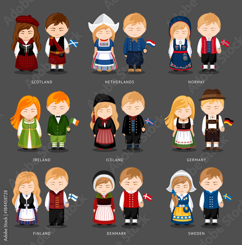 Set of european pairs dressed in different national costumes. Woman and man with flag. Scotland, the Netherlands, Norway, Iceland, Ireland, Germany, Finland, Denmark, Sweden. Vector illustration.