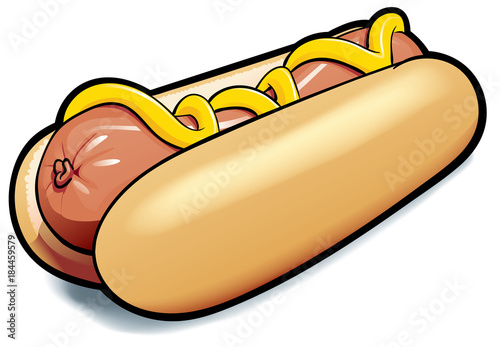 A colourful drawing of a hotdog with mustard on a white background. This is a scalable and editable vector drawing.