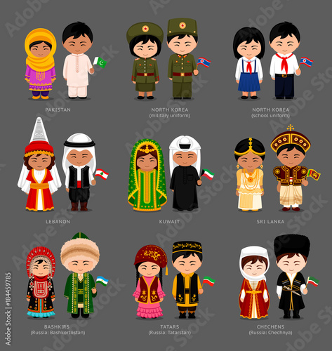 People in national dress. Pakistanis, Kuwaitis, North Koreans, Lebanese, Sri Lankans, Tatars, Bashkirs, Chechens. Set of pairs dressed in traditional costumes with flags. Vector flat illustration. photo