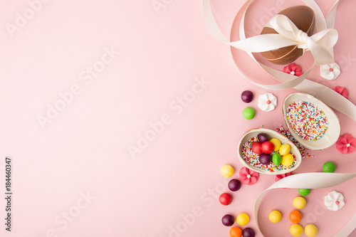 Sweet chocolate eggs in arrangement