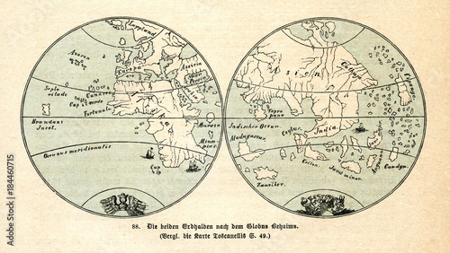 Two hemispheres of Earth from Martin Behaim globe  from Spamers Illustrierte Weltgeschichte  1894  5 1   181 