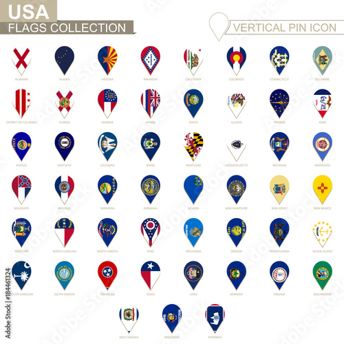 Vertical pin icon, USA states flag collection.