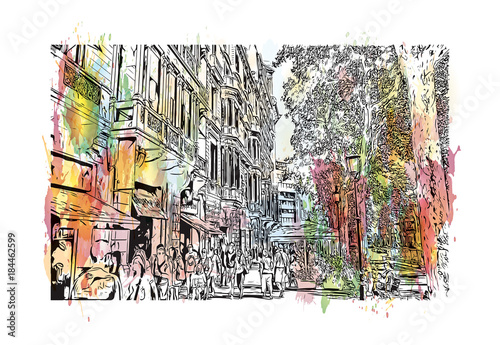 Watercolor painting with splash and sketch of Barcelona Spain in vector illustration.