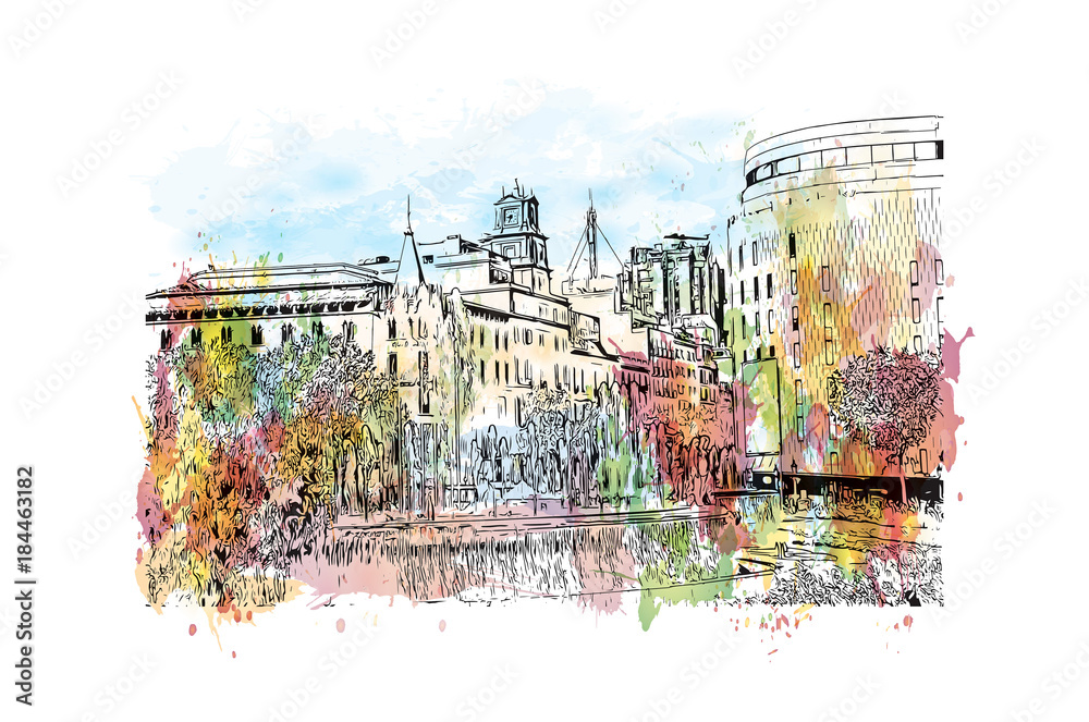 Watercolor painting with splash and sketch of Barcelona Spain in vector ...