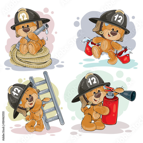 Clipart illustration of a teddy bear firefighter with rescue equipment, hose, fire extinguisher, with a bucket and a ladder isolated on white. Polygraphy, design elements.