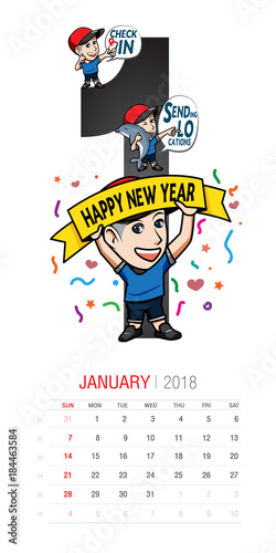Vector of 2018 new year calendar in Format The Character Man Wearing Hat with Many Movements on Months in Calendar photo