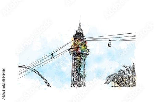 Watercolor painting with splash and sketch of cable car Barcelona, Spain in vector illustration.