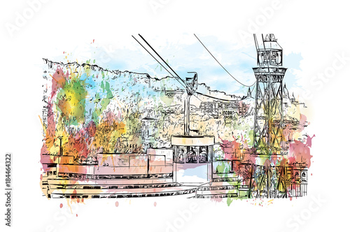 Watercolor painting with splash and sketch of cable car Barcelona, Spain in vector illustration.