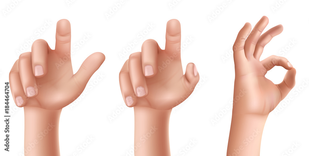 Set of vector illustrations of male or female hands with a raised index finger pointing upwards and a gesture indicating ok is isolated on a white background. Set of vector illustrations of male or female hands with a raised index finger pointing upwards and a gesture indicating ok is isolated on a white background.