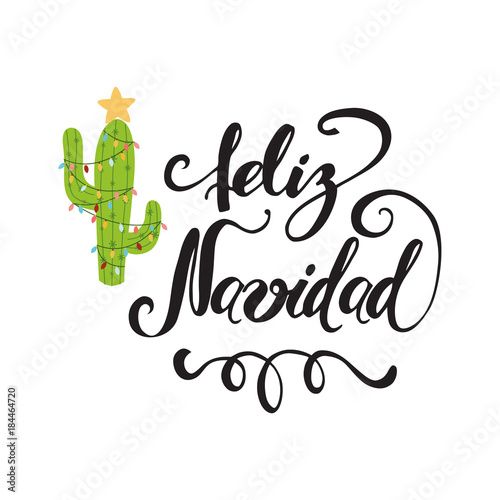 Merry Christmas hand drawn print. Happy cactus in a Christmas garland. Cute vector greeting card. Title in Spanish