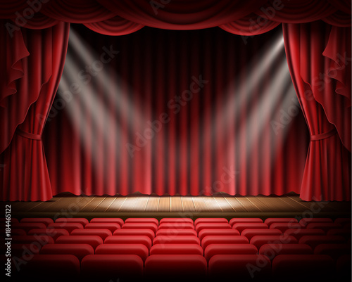 Open red curtain and empty illuminated theatrical scene realistic vector illustration. Grand opening concept, performance or event premiere poster, announcement banner template with theater stage