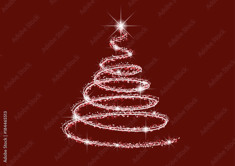 Abstract neon sparkling white and silver Christmas tree with glittering stars on a dark red background. Abstract neon sparkling white and silver Christmas tree with glittering stars on a dark red background.