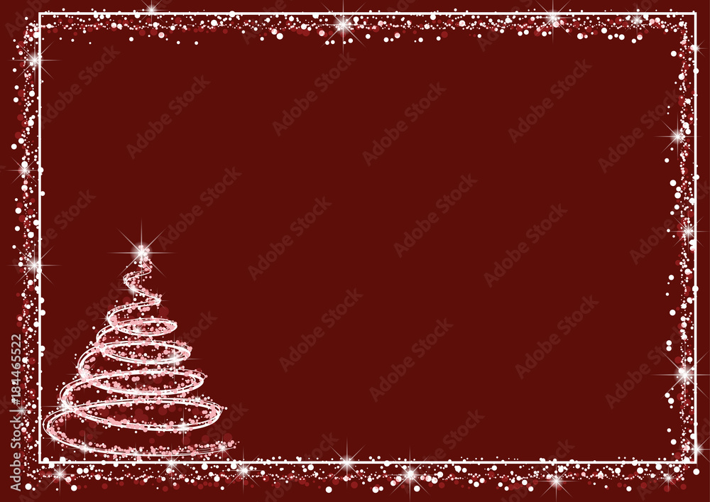 Abstract Christmas wish card with shining silver tree and sparkling stars on a dark red background Abstract Christmas wish card with shining silver tree and sparkling stars on a dark red background
