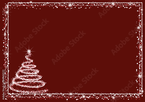 Abstract Christmas wish card with shining silver tree and sparkling stars on a dark red background