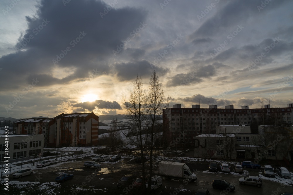 Sunset in the town during winter. Slovakia