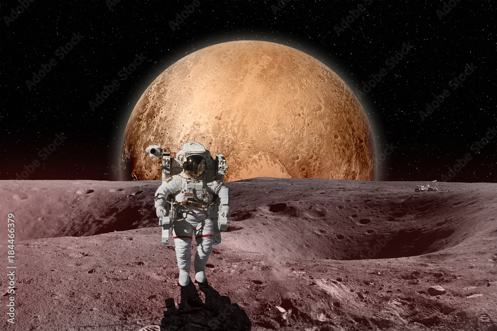 Naklejka premium Astronaut on moon surface. Mars in background. Elements of this image furnished by NASA