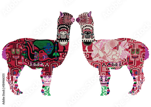Alpaca with drawings in the Peruvian style. Two alpacas on a white background.