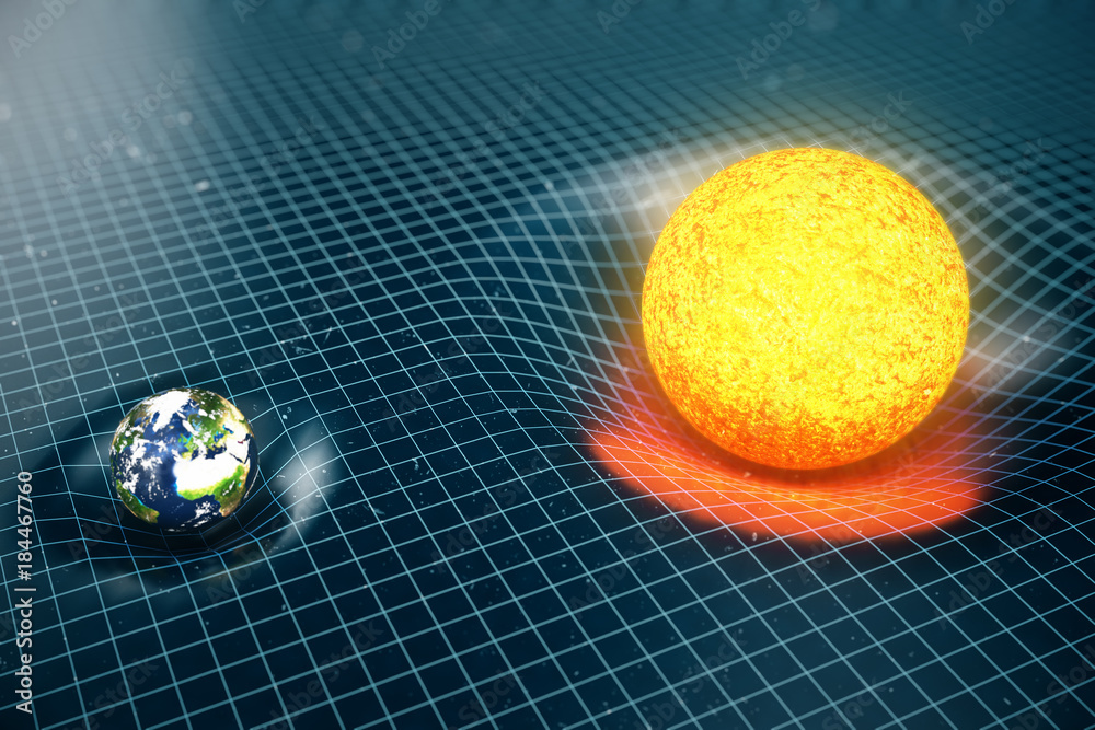 3D illustration Earth's and Sun gravity bends space around it. With