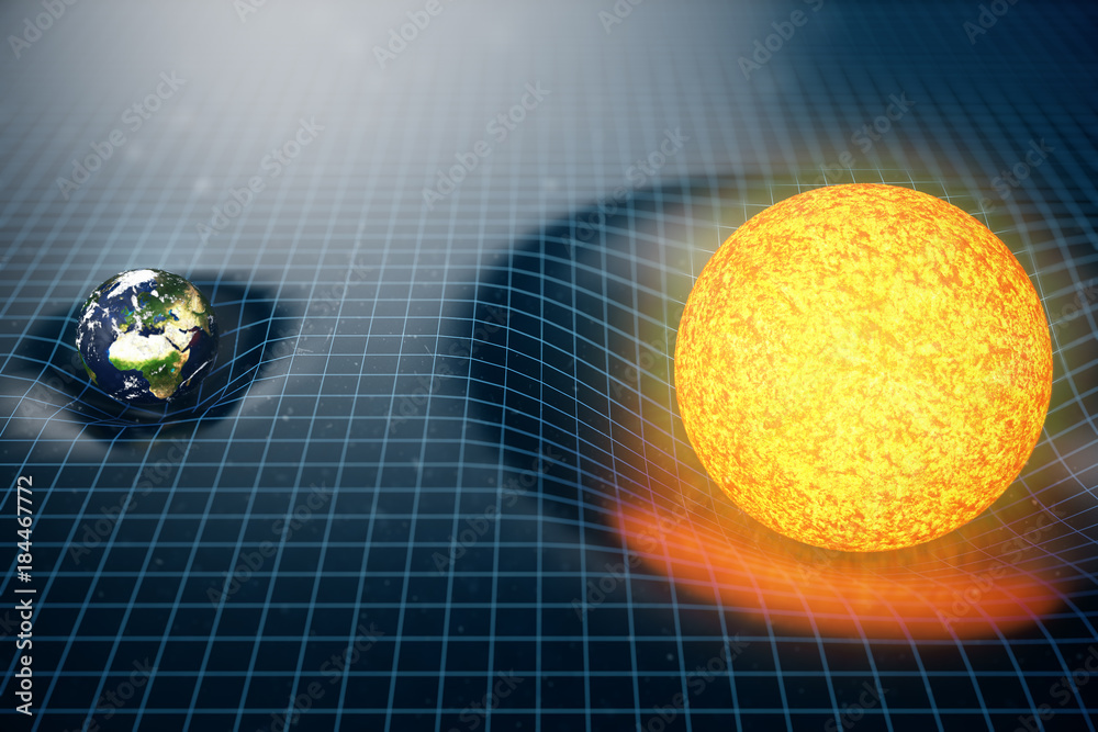 3D illustration Earth's and Sun gravity bends space around it. With bokeh  effect. Concept gravity deforms space time grid around universe. Spacetime  curvature. Elements of this image furnished by NASA Stock Illustration