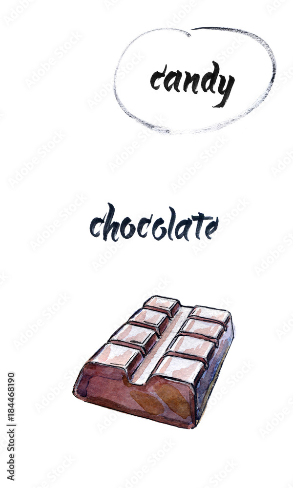 Bar of chocolate, watercolor hand drawn, illustration Bar of chocolate, watercolor hand drawn, illustration