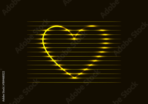 Gold yellow neon glowing lines in a heart shape on a dark background.