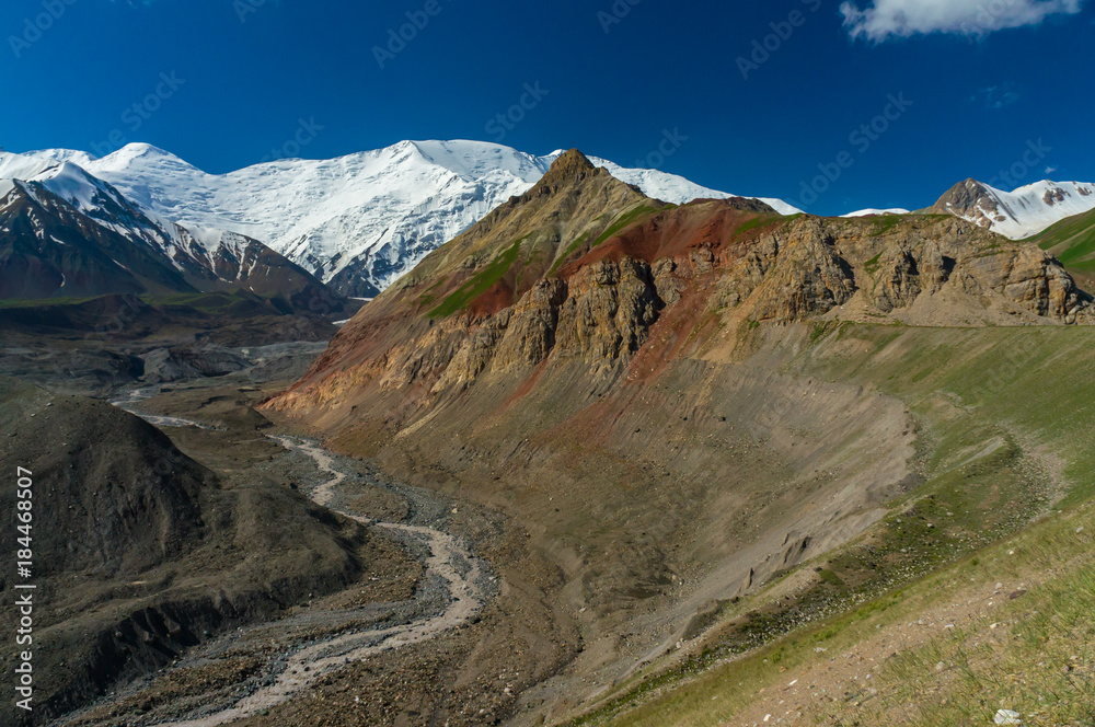 View of Lenin Peak and delightful views of the mountain landscape and moraine