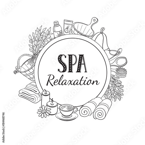SPA relaxation poster. Sauna accessories sketches in circle shape. Hand drawn spa items collection. Doodle sauna objects isolated on white.