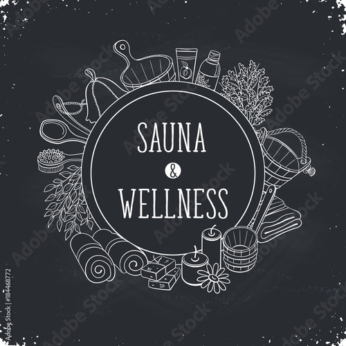 Sauna and wellness poster. Sauna accessories sketches in circle shape. Hand drawn spa items collection. Doodle sauna objects on chalkboard.