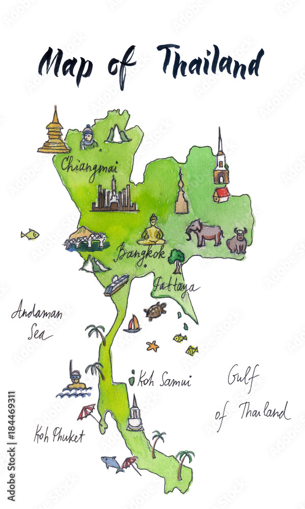 Map of attractions of Thailand, watercolor hand drawn, illustration