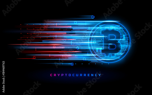 Cryptocurrency concept. Vector technology illustration. Neon light sign with with neon lines, geometric figures. Futuristic label design. Luminous cyber hologram. Sci fi digital futuristic theme.