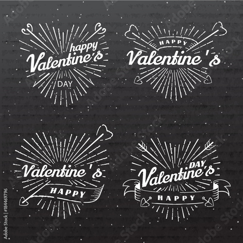 Happy Valentine s Day vector vintage illustration. Set of signs with sun beams and arrows. Stamps label with sun rays. Valentine s Day ornament. Bursting heart shape. Romantic decoration element.