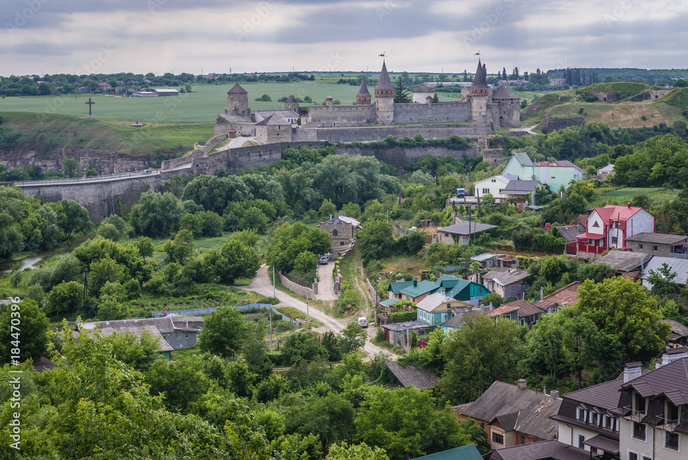 Aerial view of Kamianets Podilskyi city with a castle on background, Ukraine