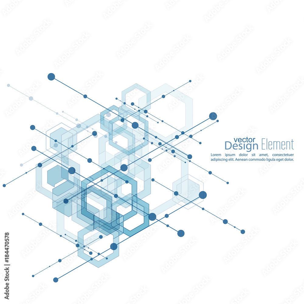 Virtual abstract background with particle, molecule structure with transparent cubes, hexagons carcass. genetic and chemical compounds. Science and connection concept. Social network. vector