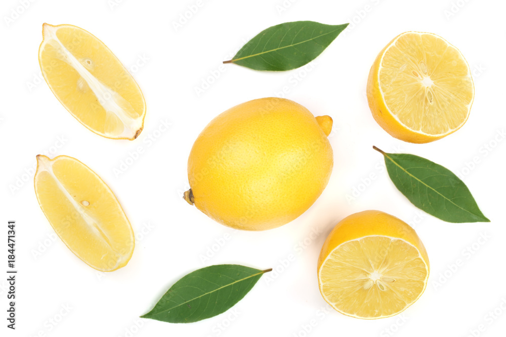 lemon and slices with leaf isolated on white background. Flat lay, top view