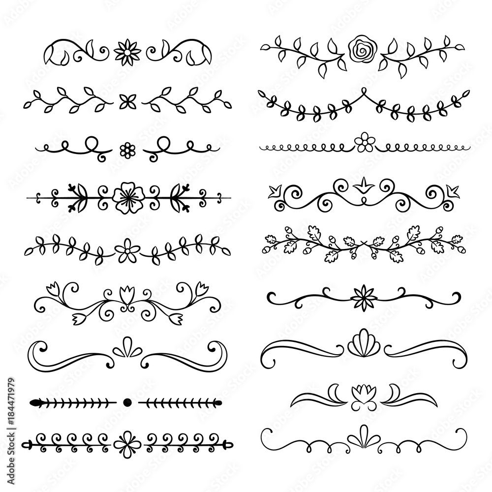 Collection of hand drawn flourish text dividers. Doodle botanical boders for typography design, invitations, greeting cards. Calligraphic and floral design elements.