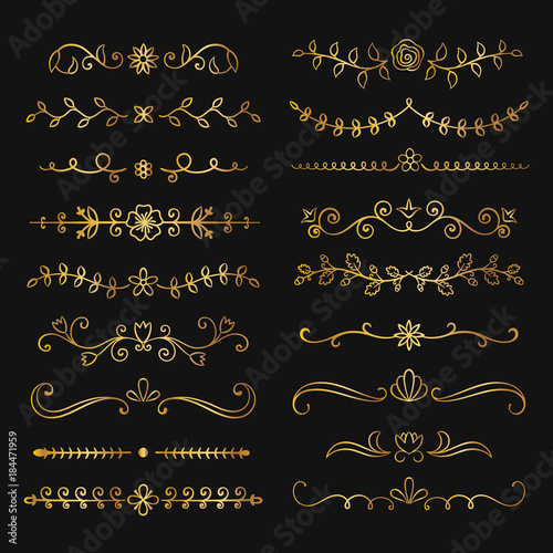 Collection of golden hand drawn flourish text dividers. Doodle gold botanical borders for typography design, invitations, greeting cards. Calligraphic and floral design elements.