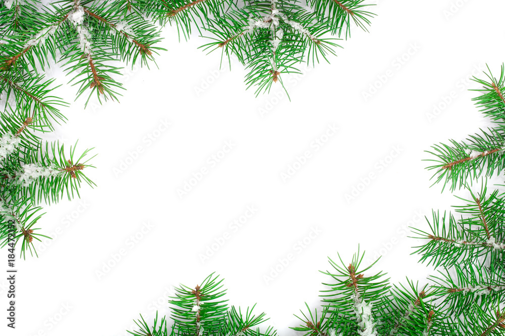 Christmas Frame of Fir tree branch with snow isolated on white background with copy space for your text. Top view