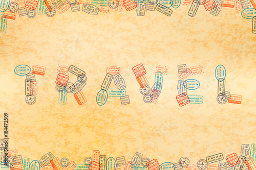 Immigration rubber stamp imprints arranged in word travel on old paper
