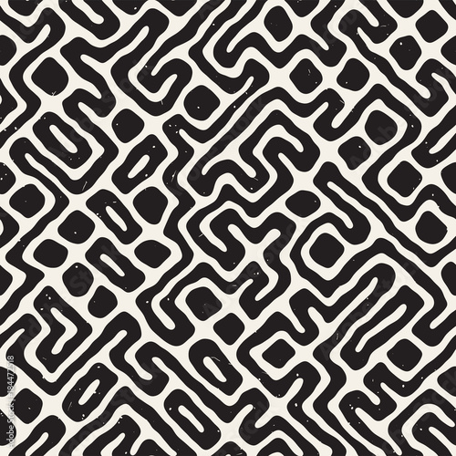 Vector Seamless Black And White Rounded Irregular Maze Pattern. Abstract Hand Drawn Background