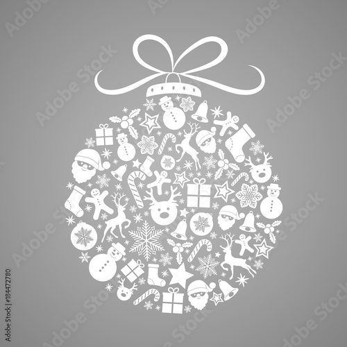 Christmas bauble made of beautiful ornaments. Holiday greeting card. Vector.