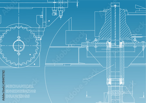 Blueprints. Engineering backgrounds. Mechanical engineering drawings. Cover. Banner. Technical Design. White and blue